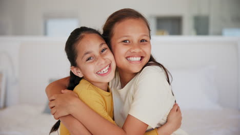 hug, sister and face of girl children on a bed