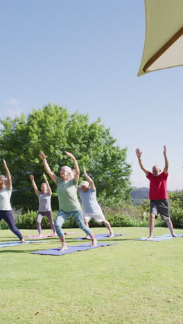 vertical video of happy diverse senior men and women doing yoga in sunny garden, in slow motion