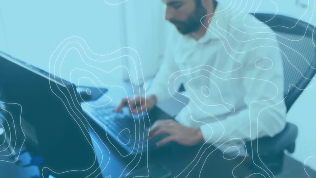 animación de formas que se mueven sobre el hombre de negocios que trabaja en la oficina