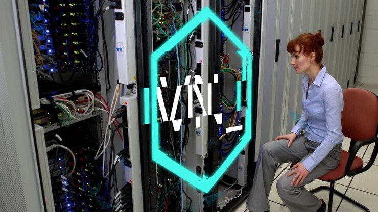 Sitting in server room, woman working on computer with TMJ logo animation