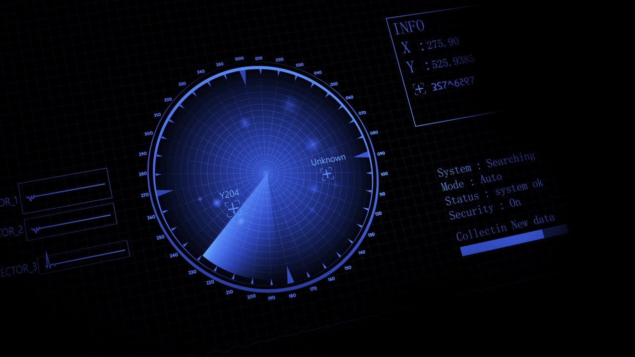 적의 항공기 및 선박에 대한 레이더 스캐너 검색: 4k 해상도 이상의 레이더 스캔의 3d 뷰.