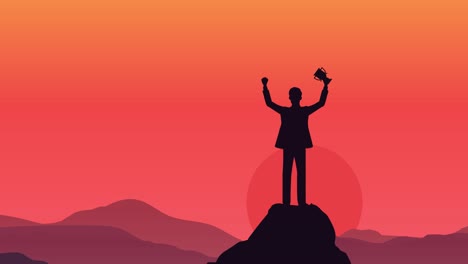 Eine-Silhouette-Einer-Cartoon-Version-Eines-Geschäftsmannes,-Der-Auf-Einem-Berggipfel-Mit-Einer-Trophäe-In-Der-Hand-Und-Einer-Bergkette-Im-Hintergrund-Gezeigt-Wird,-Die-Das-Geschäftskonzept-Des-Erfolgs-Anzeigt-1