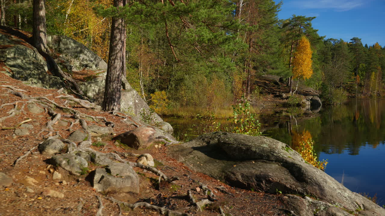Laaja kuvakulma puista ja kallioista järven rannalla
