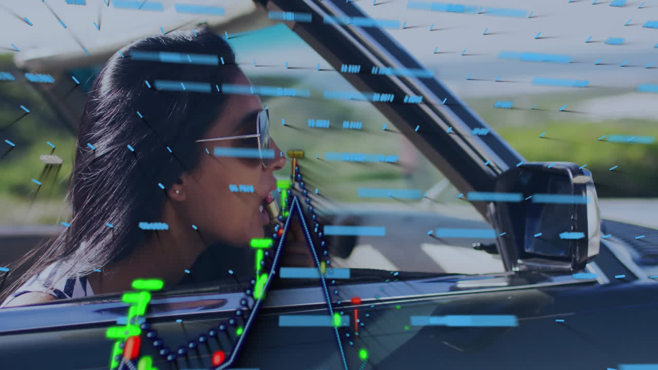 Woman applying lipstick in moving car, with augmented reality data nodes and floating bars