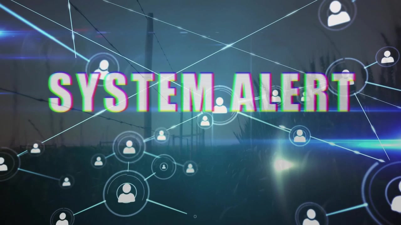 Animation of system alert text and network of connections over landscape