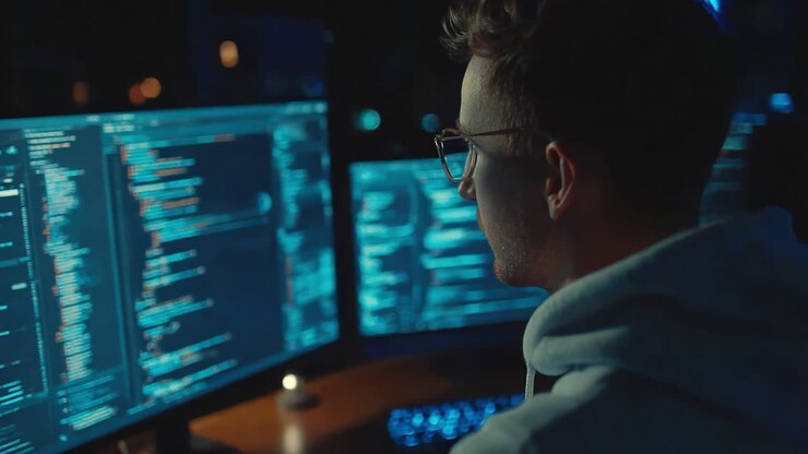 Een geconcentreerde programmeur, 's nachts verdiept in het coderen, omringd door meerdere monitoren met ingewikkelde code- en algoritmelijnen in een slecht verlichte omgeving, wat toewijding en expertise laat zien
