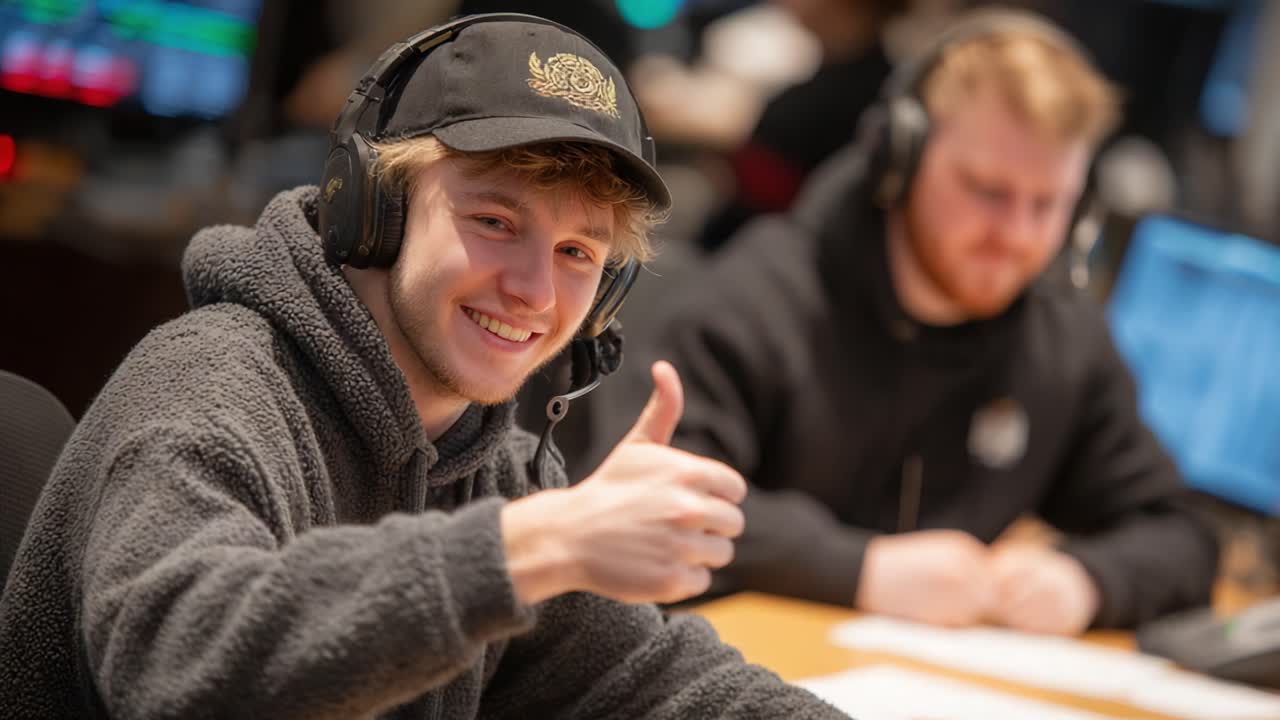 A Young Gamer Smiles and Gives a Thumbs-Up While Wearing Headphones in a Busy Gaming Environment, Indicating Excitement and Positive Vibes During Gameplay