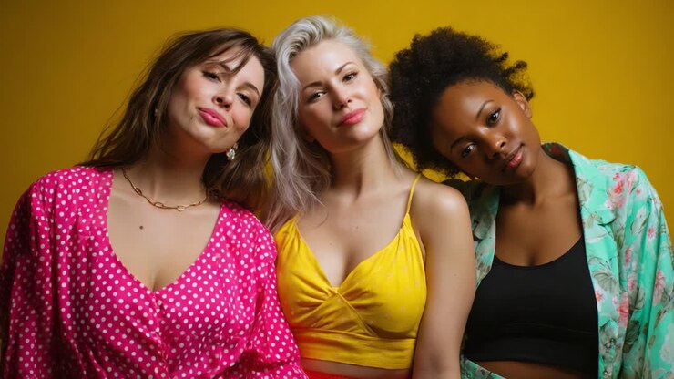 Una vivace immagine di tre amici alla moda che posano insieme su uno sfondo giallo brillante, che mostra i loro stili unici e le loro personalità gioiose in un divertente momento di cameratismo e moda