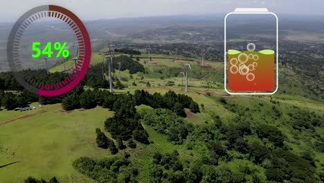 aerial view of powerful wind turbine farm for energy production