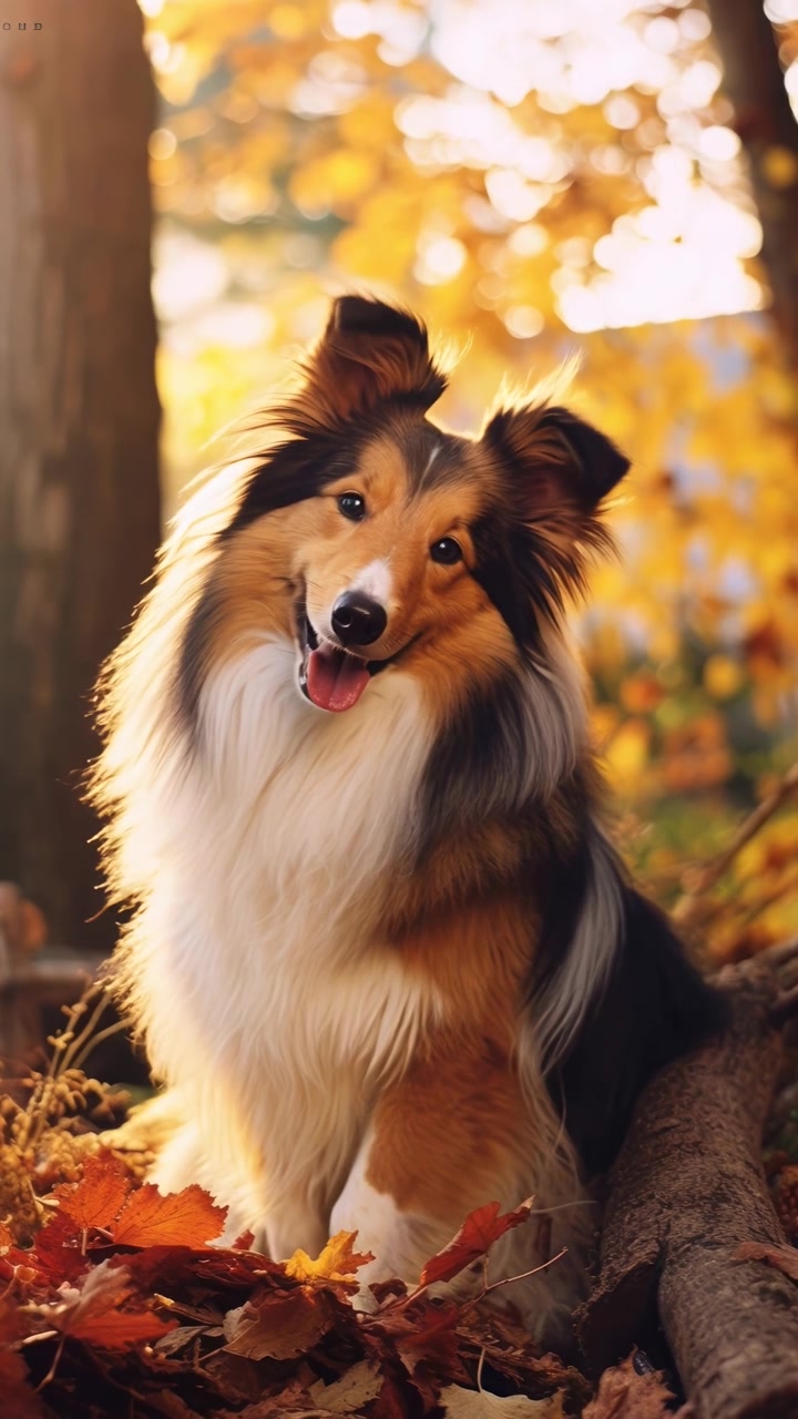 Sonbahar Ormanında Oturan Shetland Çoban Köpeği