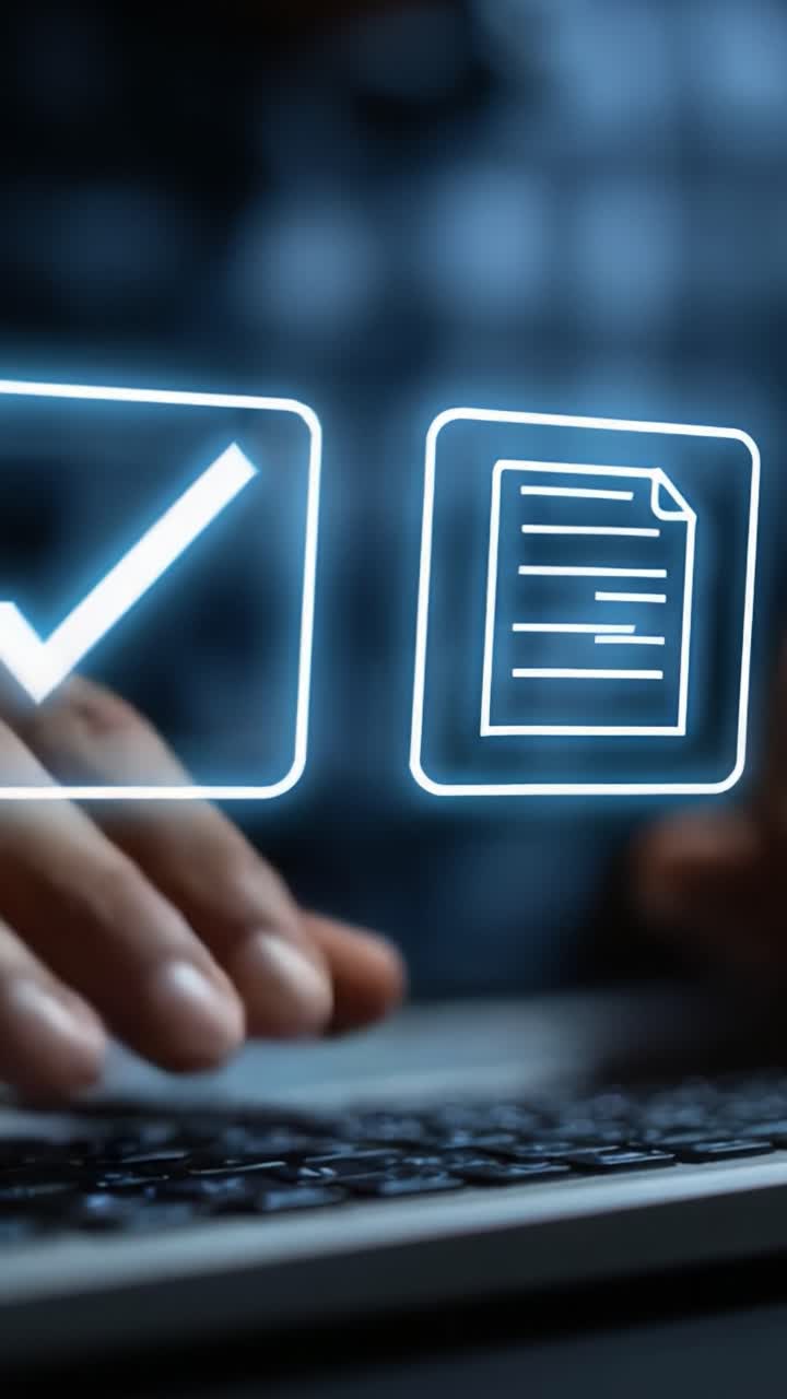 A close-up view of hands interacting with a keyboard, highlighting the completion of a task with a checkmark and document symbol, symbolizing productivity and organization