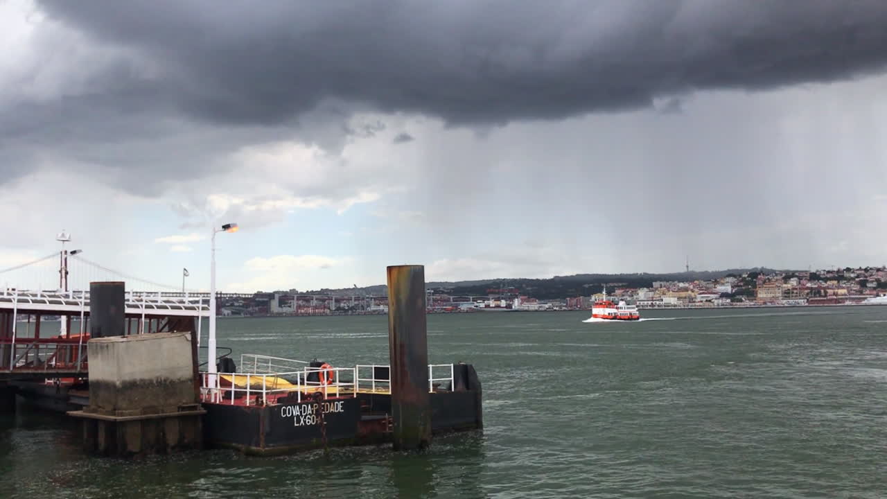 Wide shot Passenger boat crossing Tagus river, storm heavy clouds