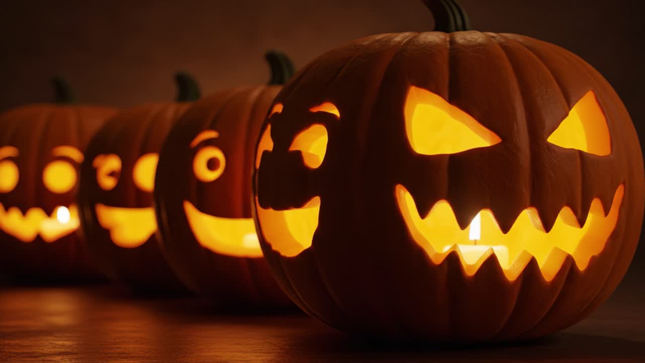 A Captivating Display of Illuminated Halloween Pumpkins Featuring Unique Carved Faces in a Warm, Autumnal Setting, Perfect for Celebrating the Spooky Season!