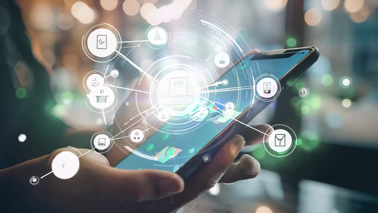 Futuristic video concept showing a smartphone with holographic interface