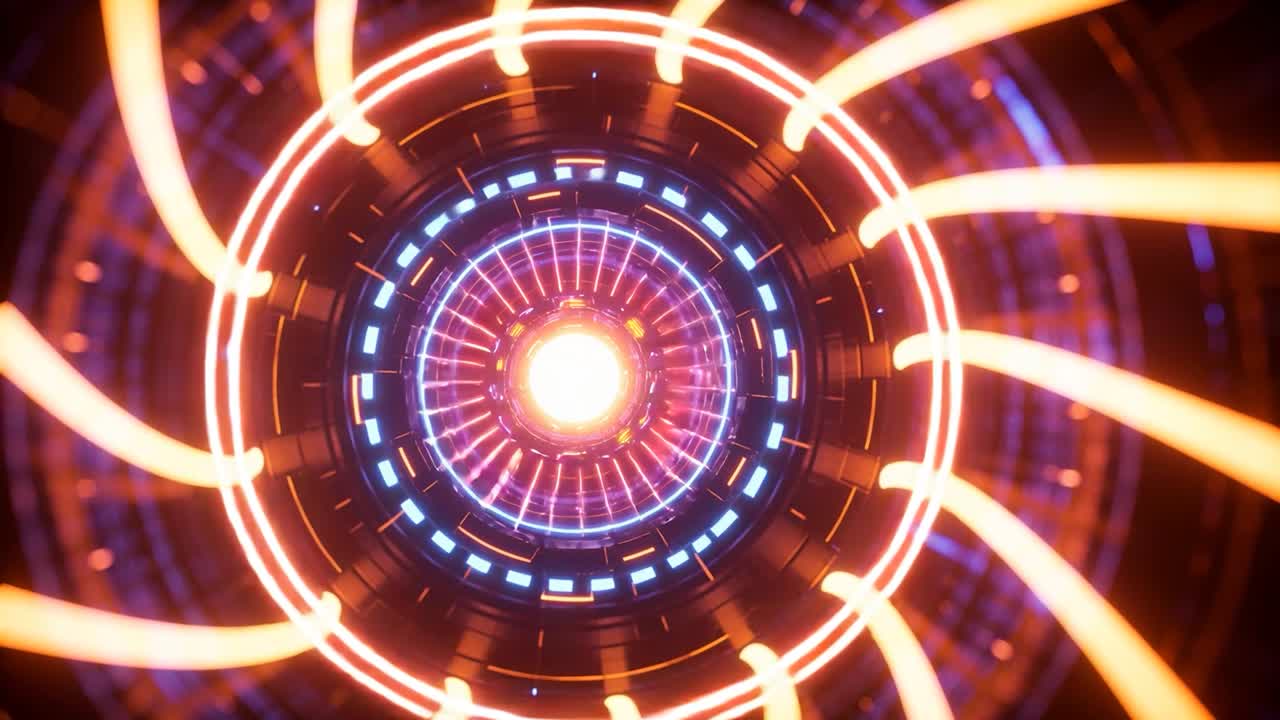 Nucleo del reattore che pulsa, spingendo filamenti arancioni che si avvitano in un anello indicatore blu, segnalando l'avvio.