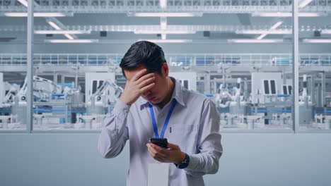 asian male professional worker standing with his smartphone at factory digitalization, he is nodding his head with dissapionted