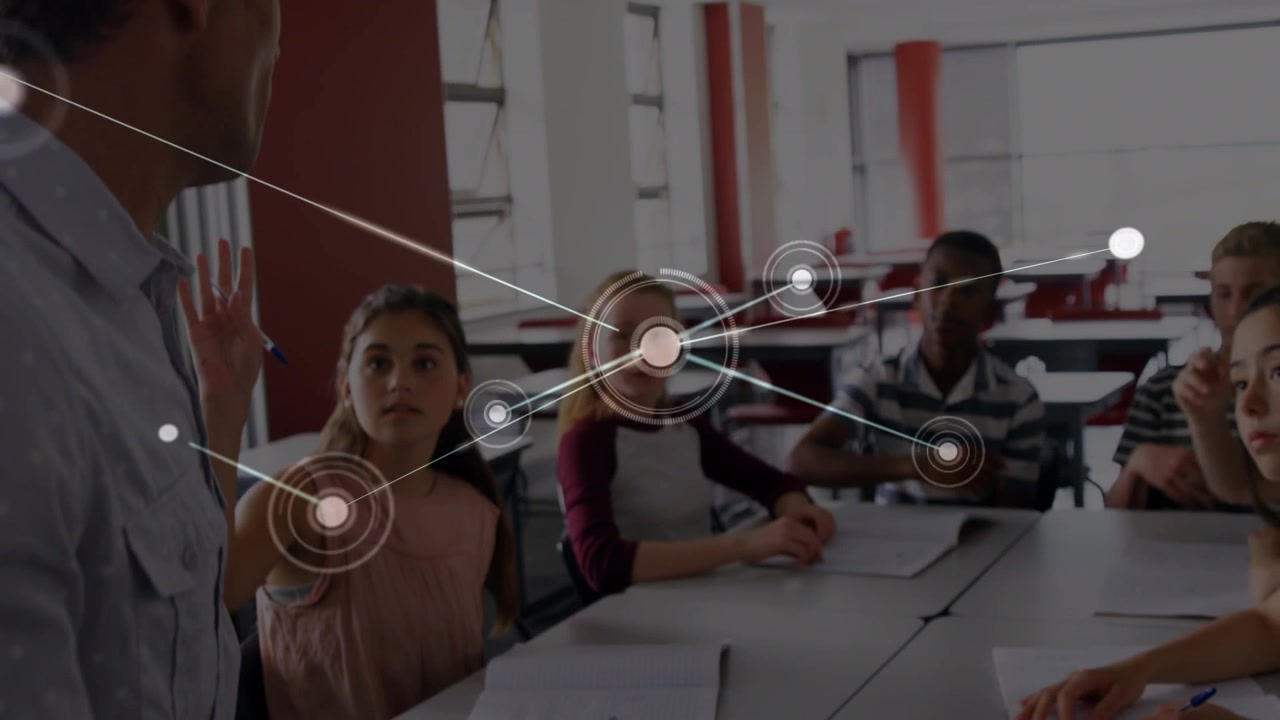 Animación de una red de conexiones sobre estudiantes en un aula