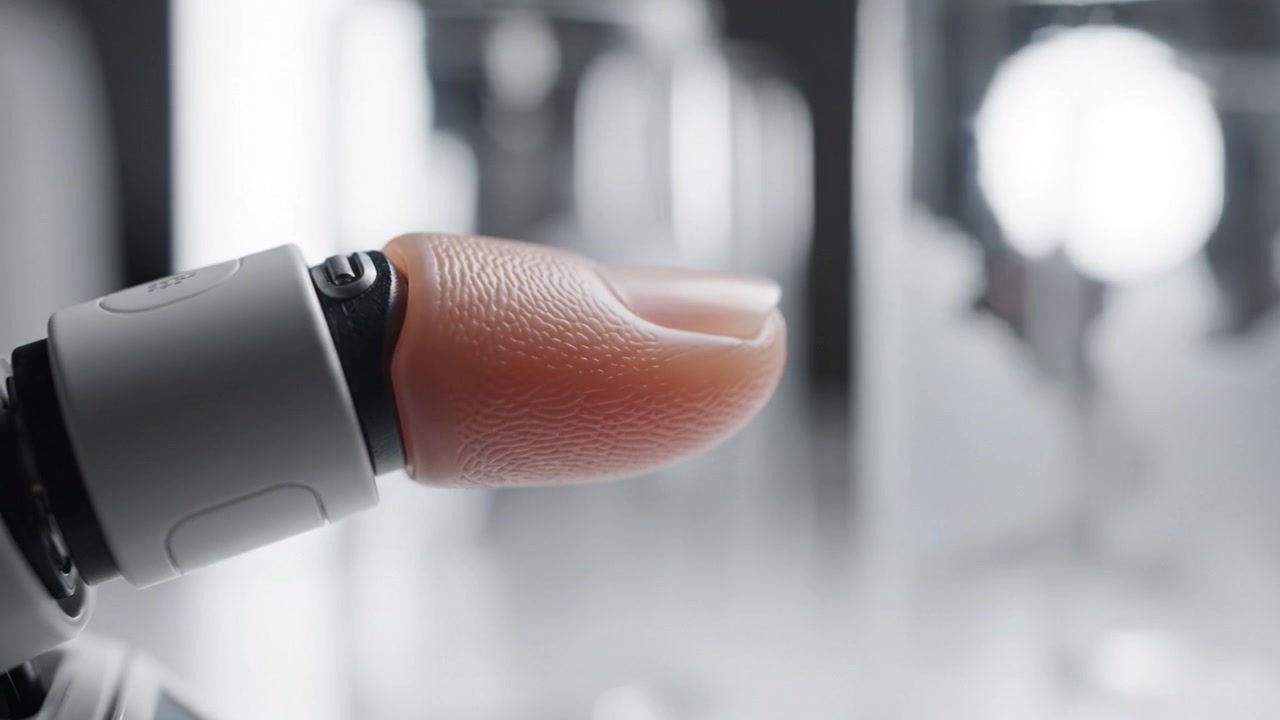 Exploring Advanced Robotic Technology: Close-up of a Lifelike Prosthetic Finger Demonstrating Innovation in Biomimicry and Human-Machine Interaction.