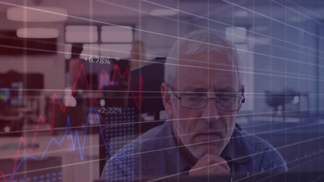 Animation of data processing over caucasian businessman thinking