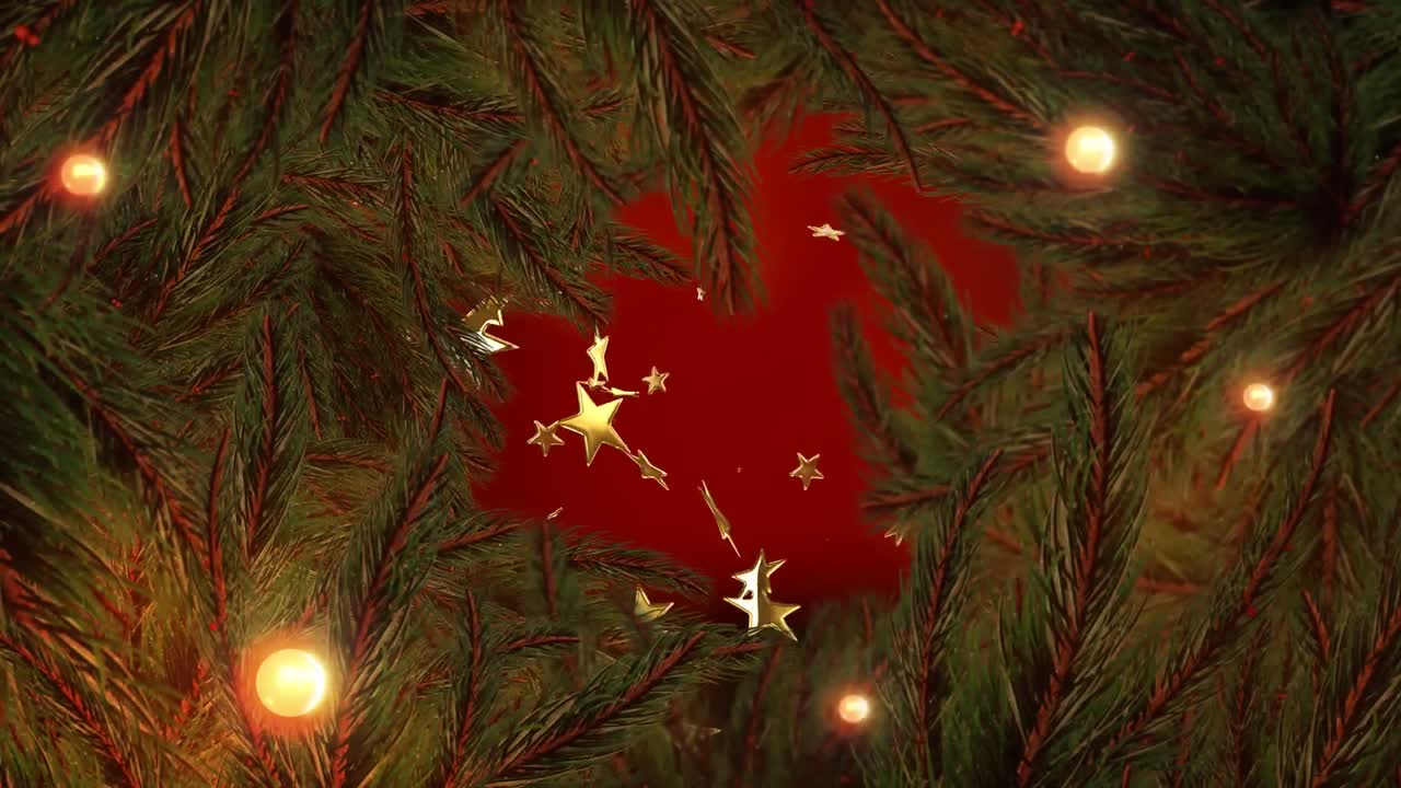 animación de estrellas doradas cayendo sobre un fondo rojo con luces en la frontera del árbol de navidad.