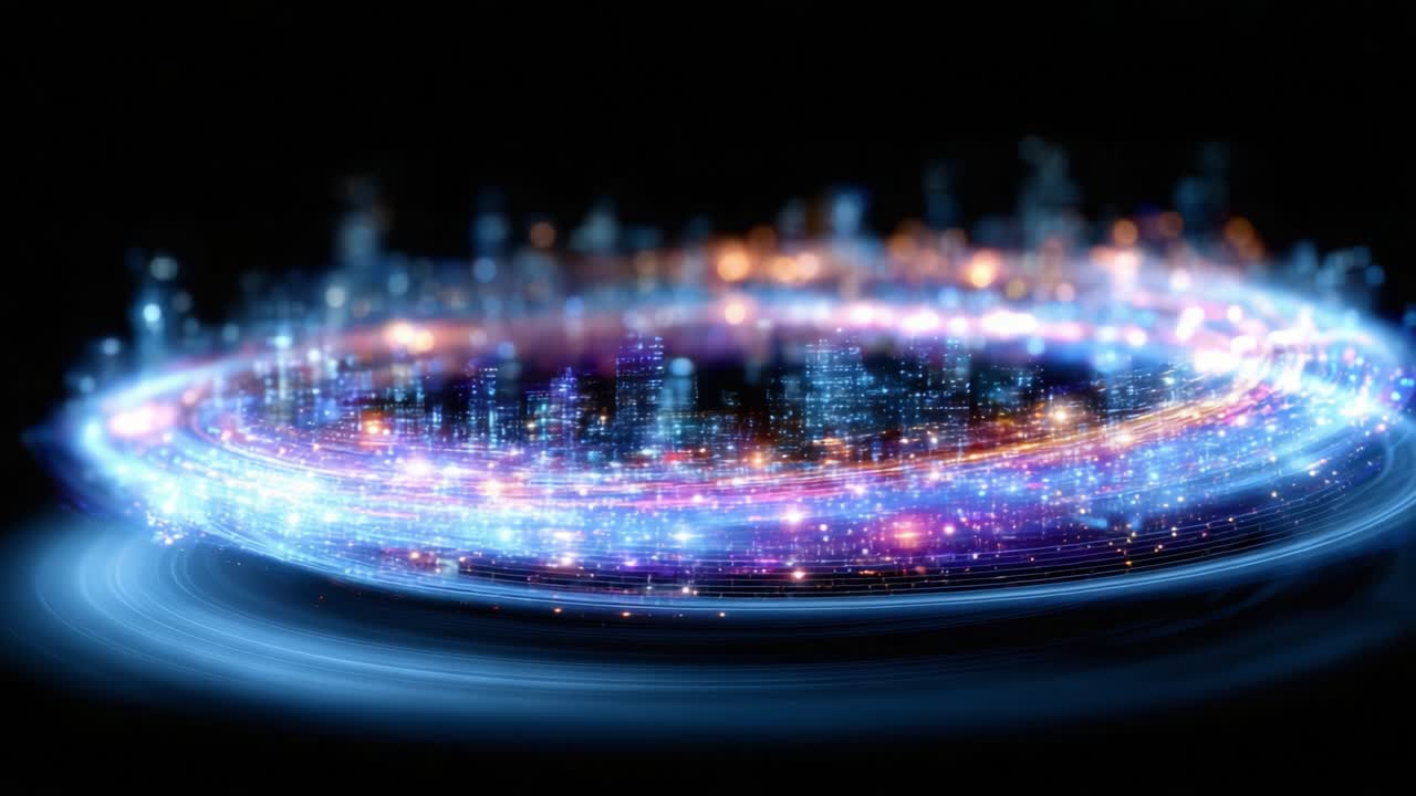 An Ethereal Cityscape: A Vibrant and Luminous Display of a Swirling Cosmic City Embraced by an Infinite Night Sky