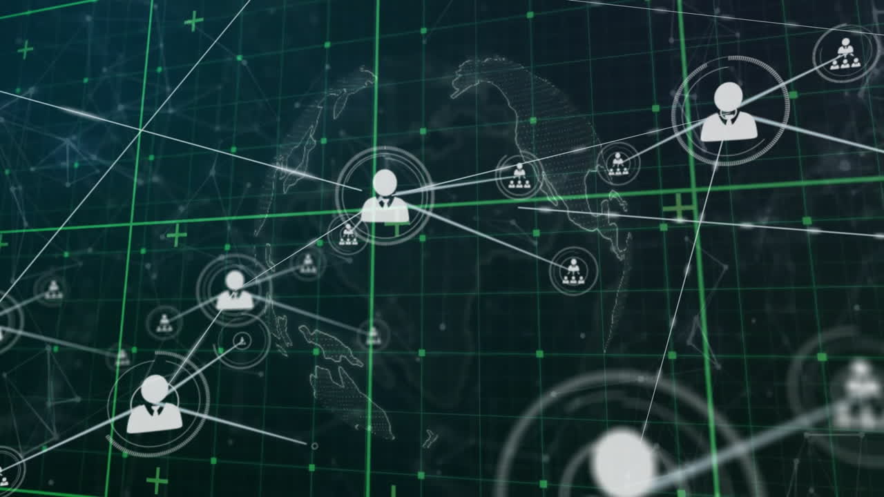 Network of connections and data processing animation over world map background