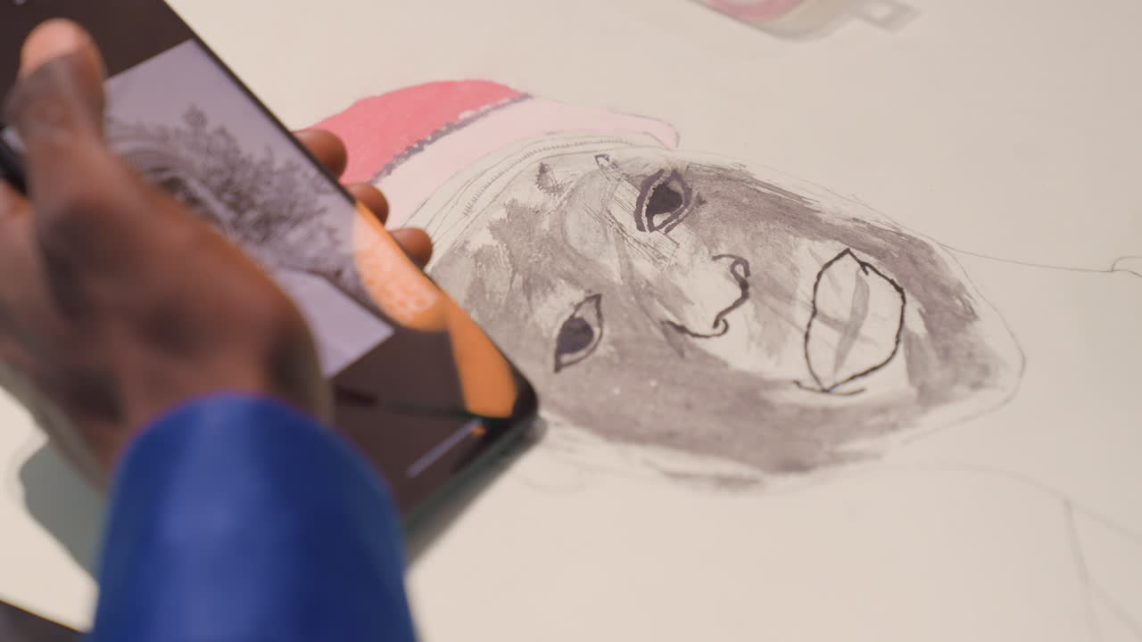 Artista afroamericano dibujando un retrato a partir de una referencia en el teléfono. Manos concentradas aplicando veladuras de carboncillo y acentos de acuarela. El sujeto lleva una gorra rosa. Iluminación de estudio íntima, composición en primer plano, trabajo metódico.