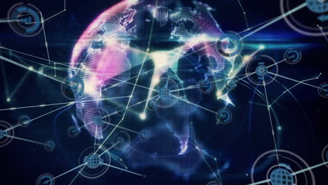 animación de una red de iconos digitales y un globo de redes de plexo girando contra un fondo negro