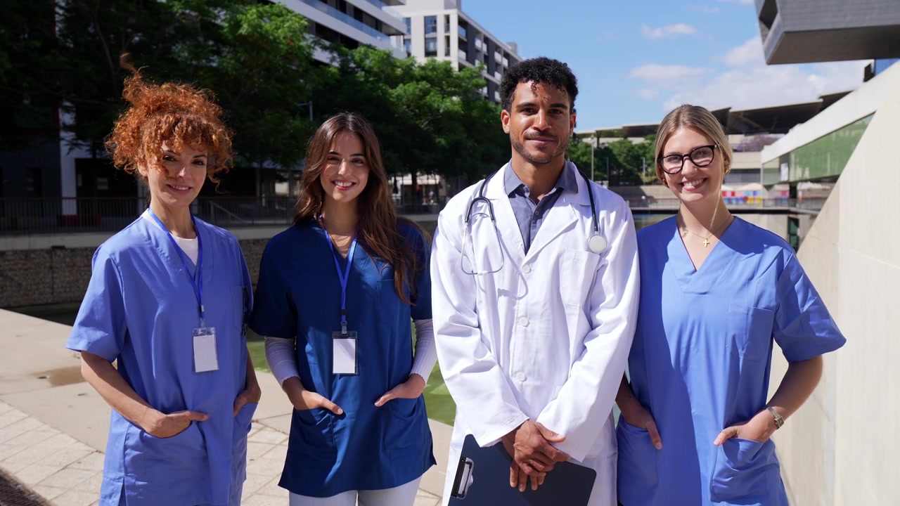 Grupo diverso de profesionales médicos de pie juntos al aire libre