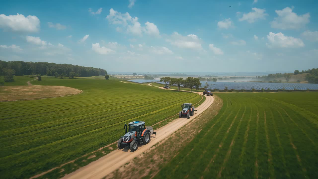 Driving lead tractor on bent farm road, drone pulling back, moving between fields near solar panels
