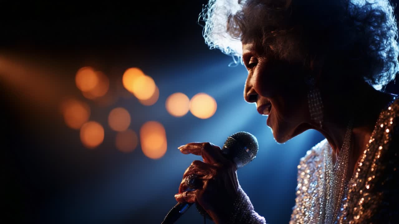 Un'esibizione elegante e accattivante di un cantante esperto sotto le luci del palco, che evoca nostalgia e passione attraverso una voce potente in un ambiente intimo da concerto