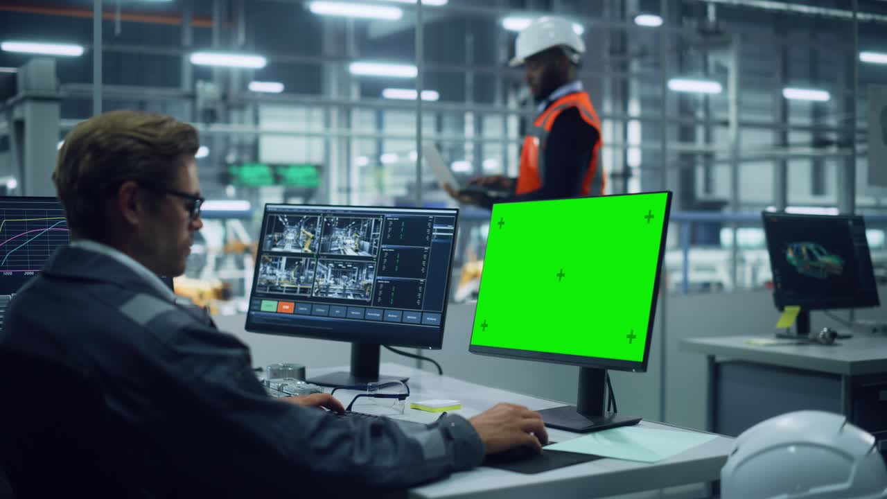 아프리카계 미국인 엔지니어는 노트북 컴퓨터를 사용하고 자동차 조립 공장에서 사무실 밖을 바라보고 있습니다. 녹색 화면 디스플레이를 가진 컴퓨터와 함께 책상에서 일하는 차량 공장 라인 운영자.