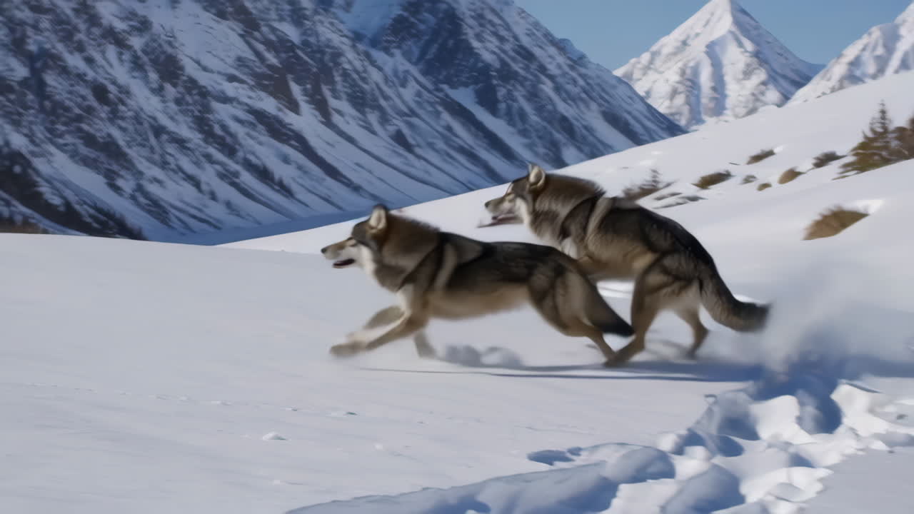 Wolves Running Through Snowy Mountains