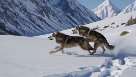 wolves running through snowy mountains