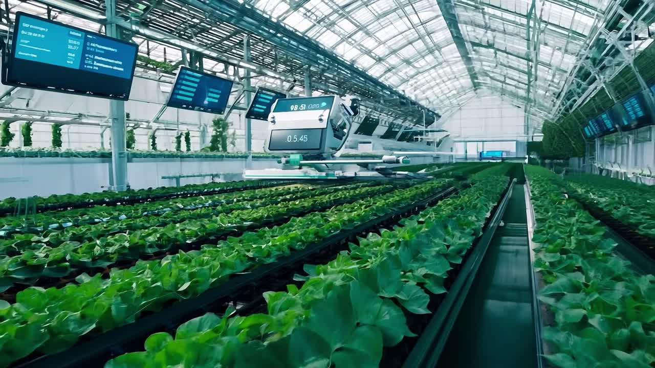 un robot se mueve a través de un invernadero, atendiendo a filas de plantas.