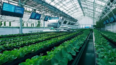 a robot moves through a greenhouse, tending to rows of plants.