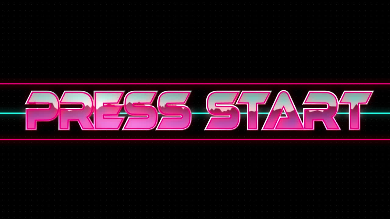 Animation of press start text in metallic pink letters and neon lines on black background