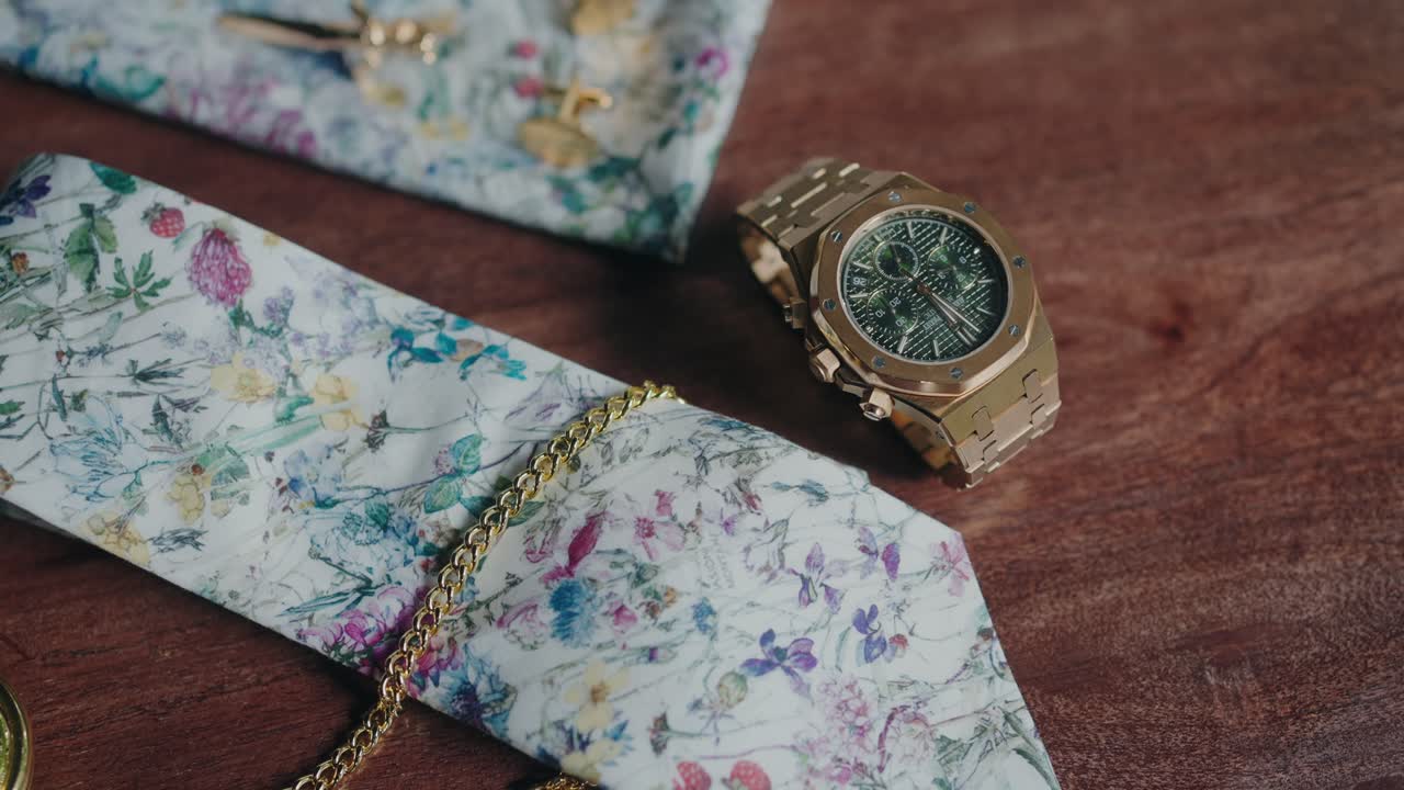 Orologio da polso d'oro accanto a una cravatta floreale e una catena su un tavolo di legno.