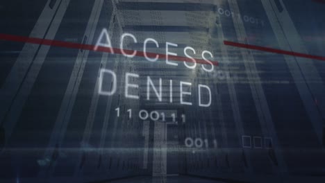 animación de textos de acceso denegado, códigos binarios y lenguaje de computadora, vista de ángulo bajo de la sala del servidor