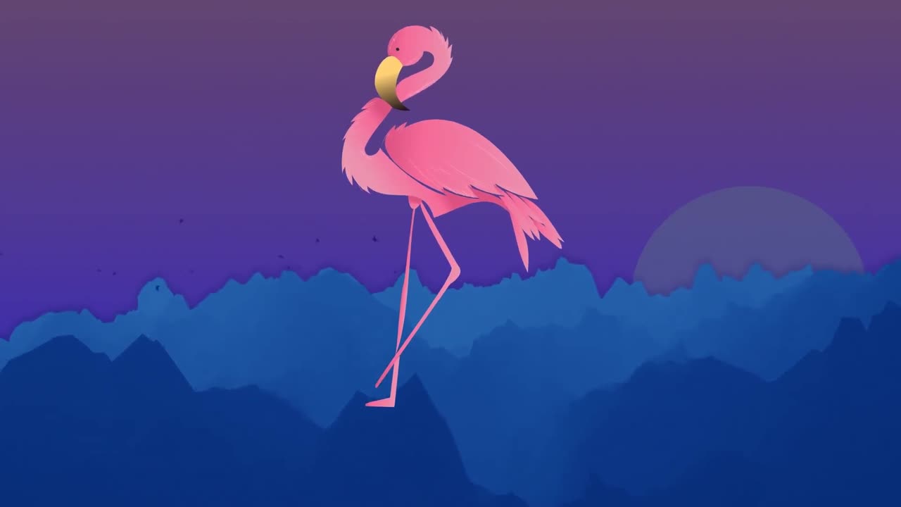 animación de flamenco rosado sobre montañas en movimiento contra el cielo al atardecer