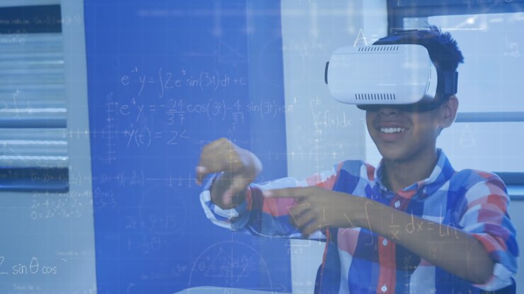 Animazione di equazioni matematiche su scolari che usano visori VR