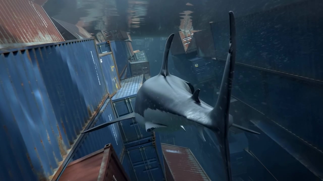Large shark moving through tight underwater passage formed by stacked rusted cargo containers, seen from low rear viewpoint with dorsal and pectoral fins, blue caustic light, corrosion and tense