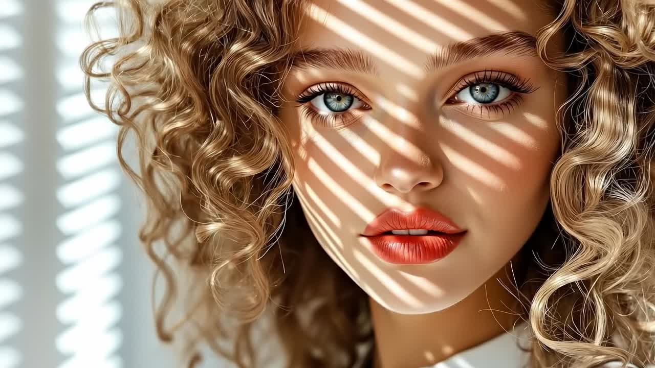 Una donna con i capelli ricci e gli occhi blu sta guardando la telecamera
