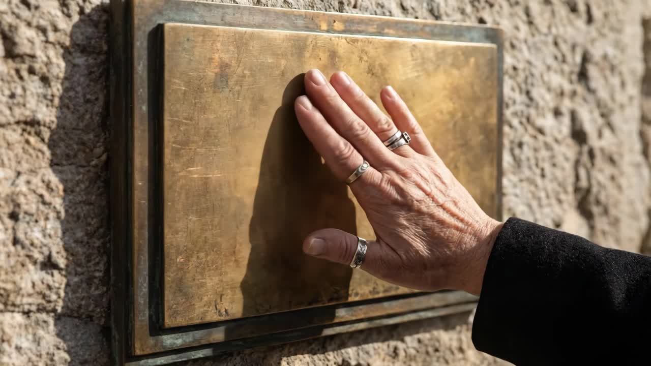Una mano anziana che tocca una placca di bronzo su un muro di pietra
