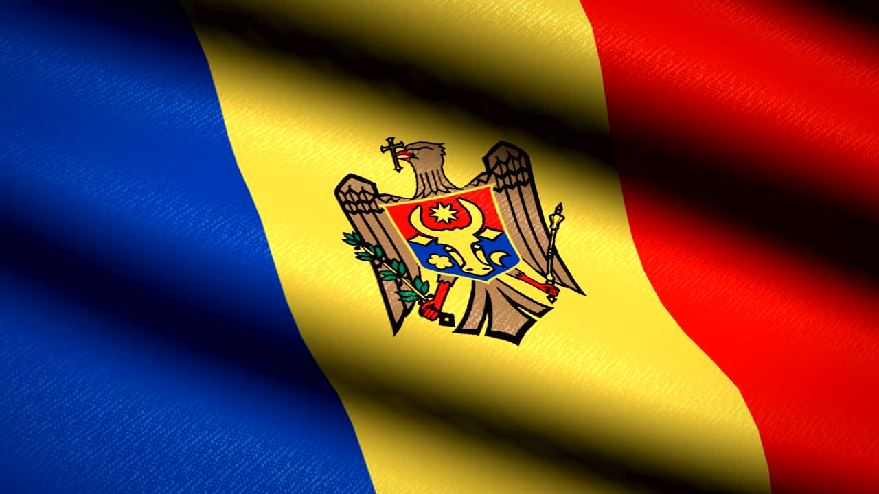 Bandera de Moldavia ondeando sobre fondo con textura textil. Animación en bucle continuo. Pantalla completa. Cámara lenta. Video 4K.