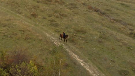 Aerial-panning-shot-of-girl-ride-horse-in-grass-field