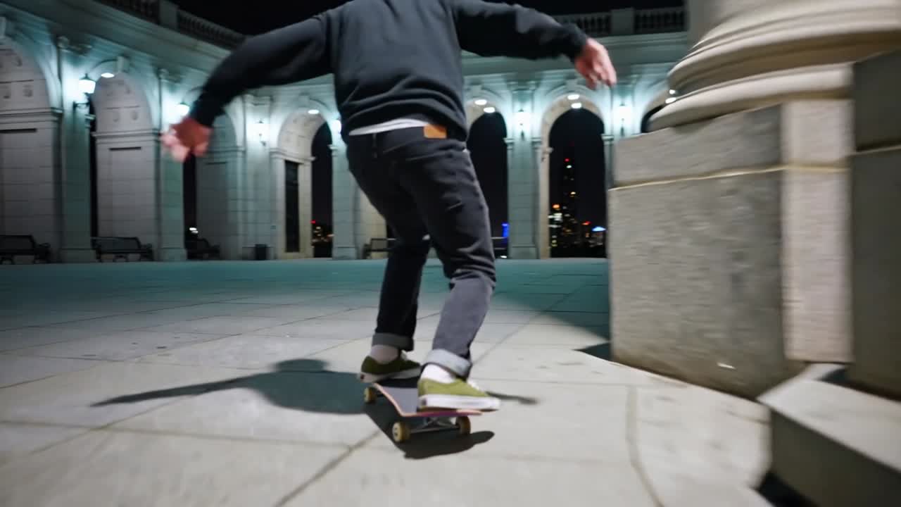 Skater adulto che fa saltare la tavola oltre un cornicione per una clip sportiva, atterrando e proseguendo tra gli archi.