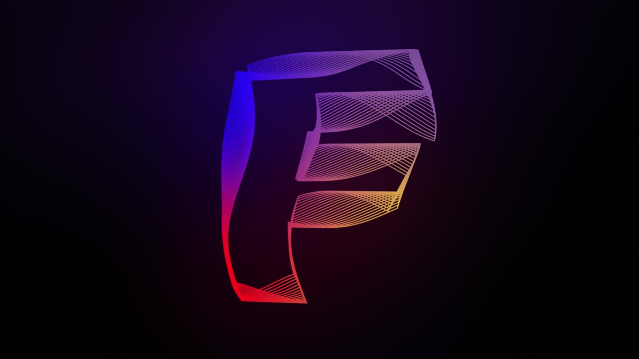 3D Letter F swirling lines animation on dark gradient background abstract dynamic motion graphics particle glow typography visual effect rainbow digital alphabet