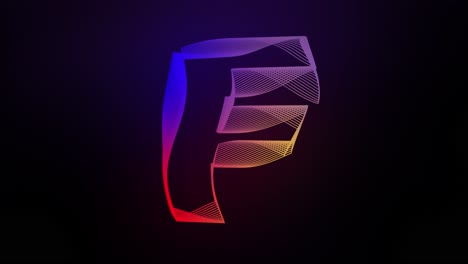 3d letra f líneas giratorias animación en fondo de gradiente oscuro abstracto gráfico de movimiento dinámico tipografía de brillo de partículas efecto visual arco iris alfabeto digital