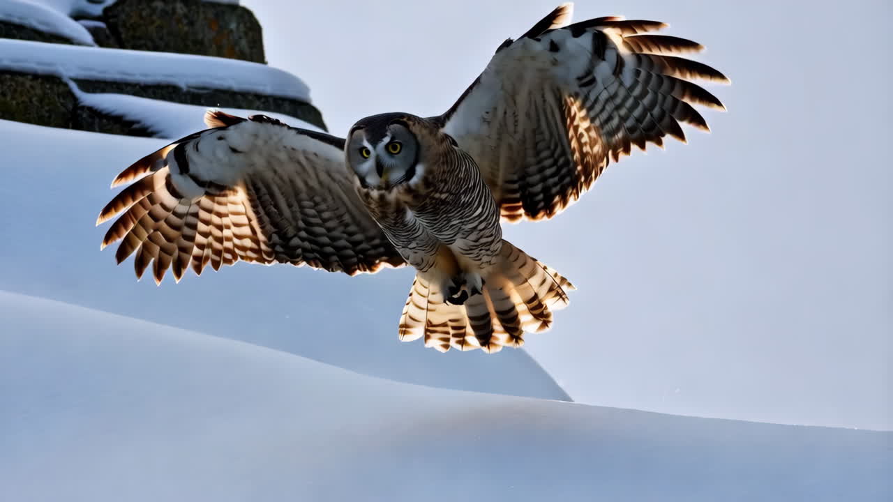 Majestic Owl in Flight Over Snow